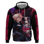 Saber Artoria Pendragon Dark Armor Theme Hoodie with Red and Purple Abstract Background Design