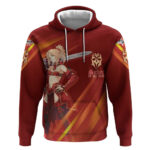 Saber of Red Fate Apocrypha Theme Hoodie with Sword Pose and Fiery Red Gradient Graphic Design