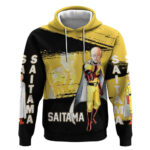 Saitama One Punch Man Anime Yellow and Black Theme Hoodie with Heroic Pose and Dynamic Brushstroke B