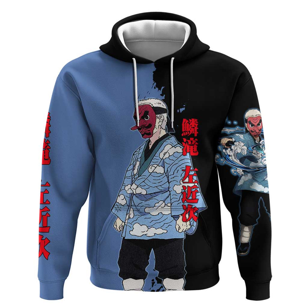 Sakonji Urokodaki from Demon Slayer Hoodie with Blue and Black Split Background and Cloud Kimono Wat Sakonji Urokodaki from Demon Slayer Hoodie with Blue and Black Split Background and Cloud Kimono Wat