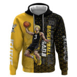 Sanji One Piece Basketball Theme Yellow and Black Design Hoodie with Pirate Chef Logo and Jump Shot
