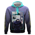 Satoru Gojo from Jujutsu Kaisen Hoodie with Purple and Blue Background and Multiple Poses Design