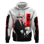 Satoru Gojo Jujutsu Kaisen Samurai Style Hoodie with Katana Red Kanji and Oni Mask Illustration