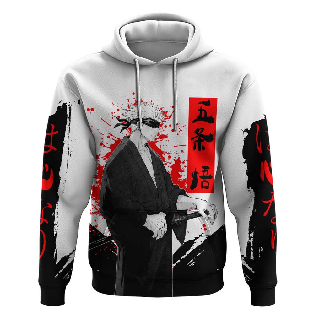 Satoru Gojo Jujutsu Kaisen Samurai Style Hoodie with Katana Red Kanji and Oni Mask Illustration Satoru Gojo Jujutsu Kaisen Samurai Style Hoodie with Katana Red Kanji and Oni Mask Illustration