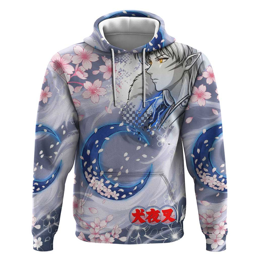 Sesshomaru Inuyasha Series Hoodie Elegant Sakura Storm Style with Crescent Moon Motif Sesshomaru Inuyasha Series Hoodie Elegant Sakura Storm Style with Crescent Moon Motif