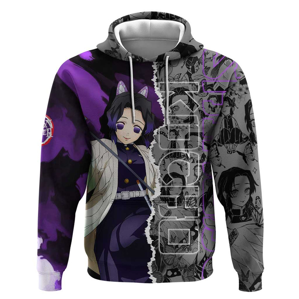Shinobu Kocho Demon Slayer Hoodie with Insect Hashira Sword Pose and Elegant Butterfly Design Shinobu Kocho Demon Slayer Hoodie with Insect Hashira Sword Pose and Elegant Butterfly Design