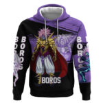 Boros One Punch Man Anime Purple and Black Theme Hoodie with Galactic Overlord Design and Intense Ba
