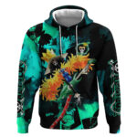 Brook One Piece Green and Black Theme Hoodie with Soul King Guitar and Skeleton Jolly Roger Design