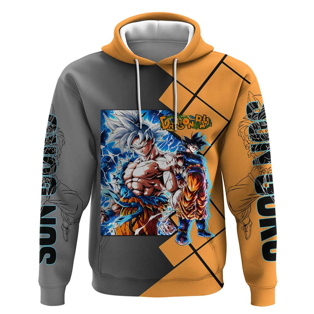 Son Goku Dragon Ball Hoodie with Super Saiyan Aura and Powerful Fighting Pose Design Son Goku Dragon Ball Hoodie with Super Saiyan Aura and Powerful Fighting Pose Design