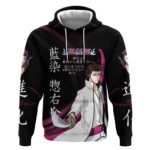 Sosuke Aizen Bleach Anime Black and Purple Theme Hoodie with Zanpakuto Pose and Japanese Quote Desig