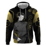 Suguru Geto Jujutsu Kaisen Gold Hexagon Design Hoodie with Multiple Expressions and Manga Style Art