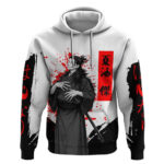 Suguru Geto Jujutsu Kaisen Samurai Style Hoodie with Katana Red Kanji Accents and Oni Mask Graphic