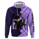 Sung Jinwoo Solo Leveling Hoodie with Shadow Monarch Aura and Dark Battle Pose Design