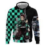 Tanjiro Kamado from Demon Slayer Hoodie with Green Black Checkered Pattern and Water Breathing Sword
