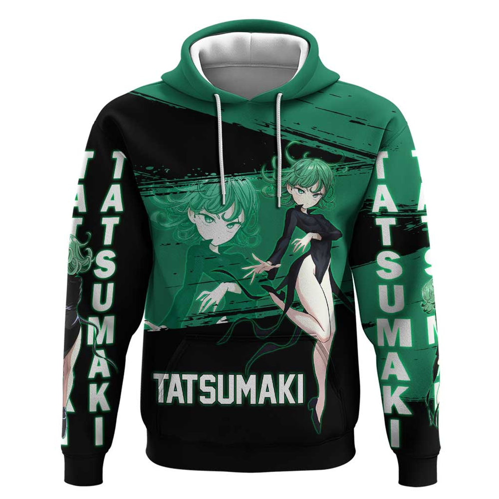 Tatsumaki One Punch Man Anime Green and Black Theme Hoodie with Psychic Power Effects and Bold Tatsumaki One Punch Man Anime Green and Black Theme Hoodie with Psychic Power Effects and Bold