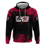 Tengen Uzui Demon Slayer Flashy Red Grunge Design Hoodie with Eye Detail and Dual Sword Pose