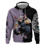 Tengen Uzui from Demon Slayer Hoodie with Purple and Black Split Design and Dual Sword Manga Panel L