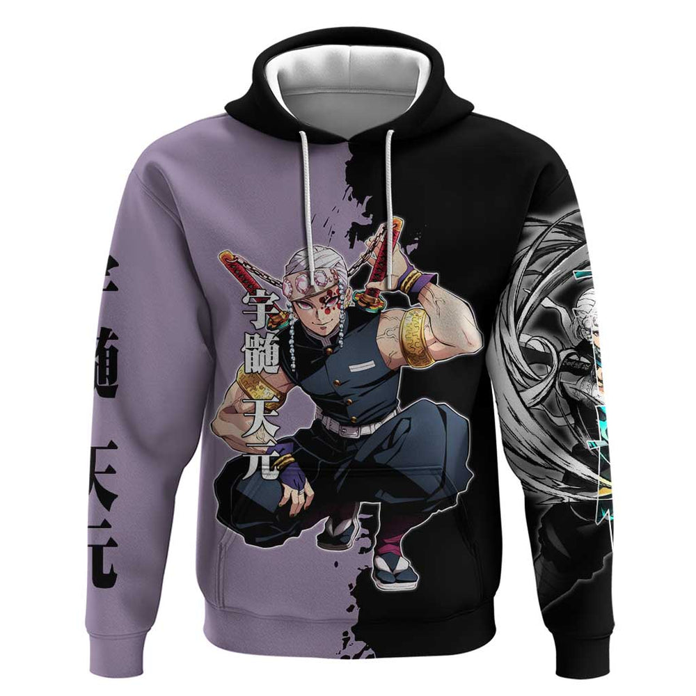 Tengen Uzui from Demon Slayer Hoodie with Purple and Black Split Design and Dual Sword Manga Panel L Tengen Uzui from Demon Slayer Hoodie with Purple and Black Split Design and Dual Sword Manga Panel L