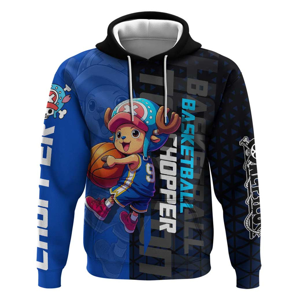 Tony Tony Chopper One Piece Basketball Theme Blue and Black Design Hoodie with Straw Hat Crew Emblem Tony Tony Chopper One Piece Basketball Theme Blue and Black Design Hoodie with Straw Hat Crew Emblem