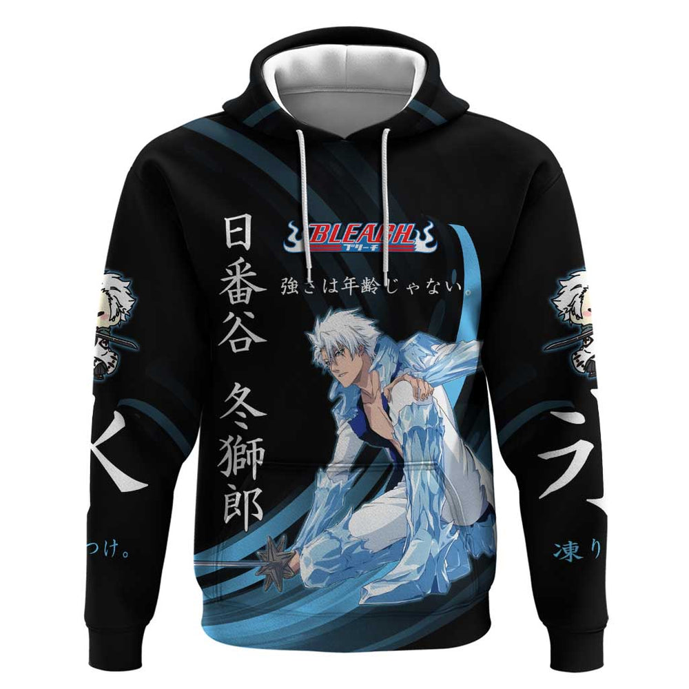 Toshiro Hitsugaya Bleach Anime Black and Blue Theme Hoodie with Ice Dragon Elements and Japanese Quo Toshiro Hitsugaya Bleach Anime Black and Blue Theme Hoodie with Ice Dragon Elements and Japanese Quo