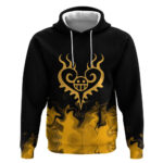 Trafalgar D. Law One Piece Black and Yellow Theme Hoodie with Heart Pirates Symbol and Flame Pattern