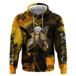 Trafalgar Law One Piece Yellow and Black Theme Hoodie with Jolly Roger Symbol and Manga Panel Design