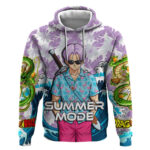 Trunks Dragon Ball Summer Theme Hoodie with Sword Floral Shirt Sunglasses Shenron and Ocean Wave Bac