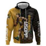 Usopp One Piece Basketball Theme Yellow and Black Design Hoodie with Sniper Emblem and Action Pose