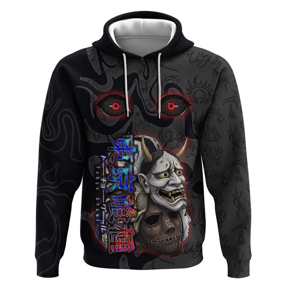 Uta Tokyo Ghoul Hoodie Dark Urban Tattoo Style with Oni Mask Elements Uta Tokyo Ghoul Hoodie Dark Urban Tattoo Style with Oni Mask Elements