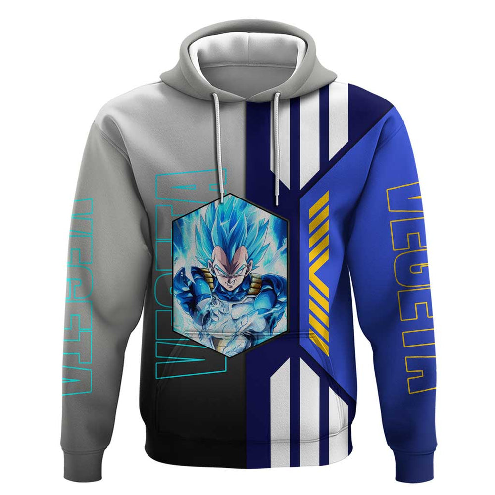 Vegeta from Dragon Ball Hoodie with Super Saiyan Blue Form and Action Pose Design Vegeta from Dragon Ball Hoodie with Super Saiyan Blue Form and Action Pose Design
