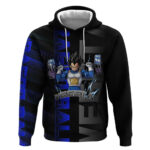 Vegeta Gym Theme Black and Blue Design Hoodie with Powerlifting Pose and Saiyan Armor Style