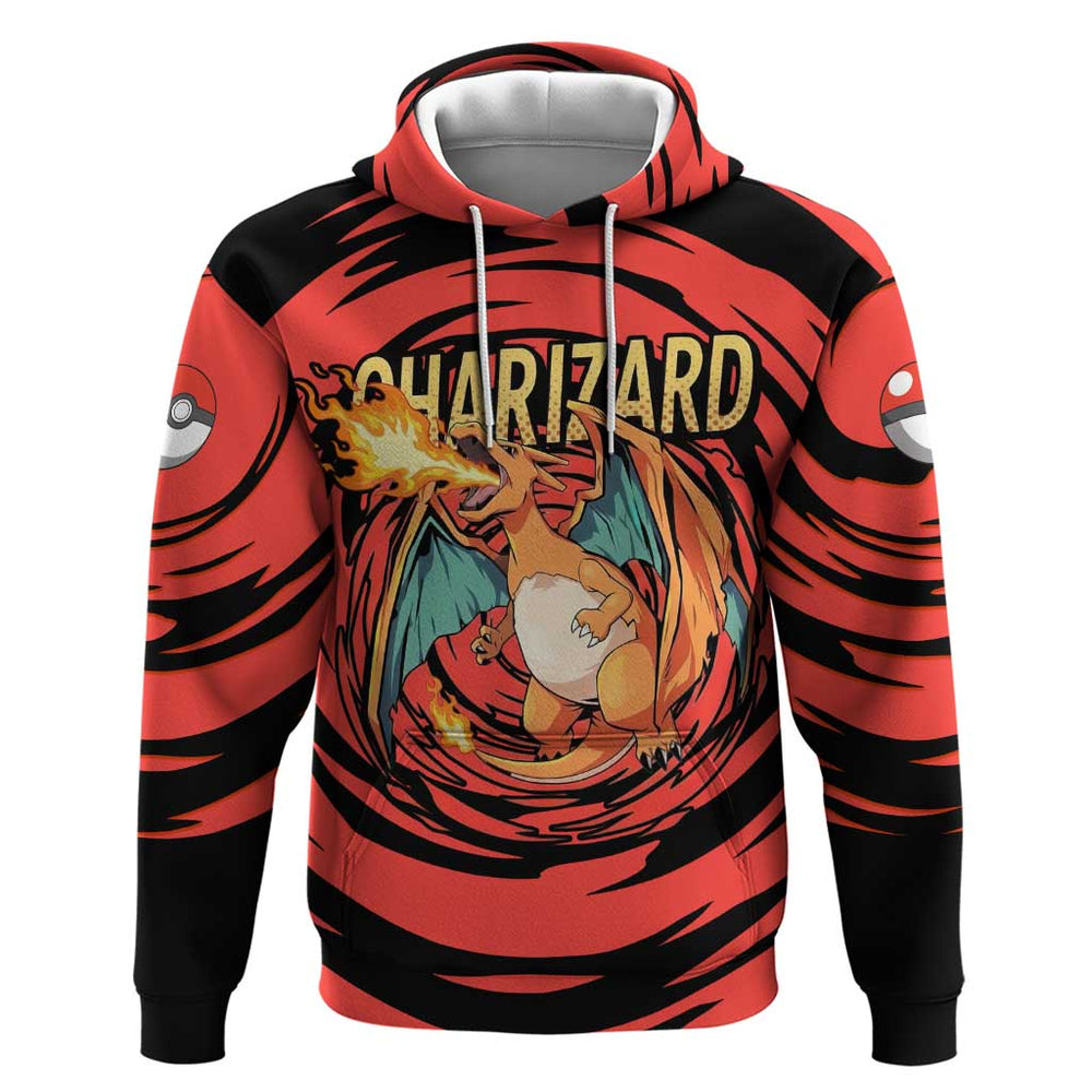 Charizard Pok mon Red and Black Swirl Design Hoodie with Flames Pok ball Accents and Dynamic Fire-Br Charizard Pok mon Red and Black Swirl Design Hoodie with Flames Pok ball Accents and Dynamic Fire-Br
