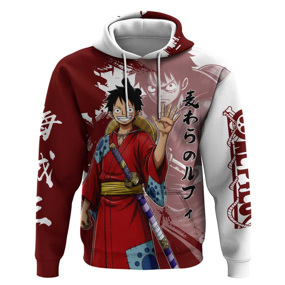Wano Samurai Luffy Hoodie One Piece Warrior Straw Hat Wano Samurai Luffy Hoodie One Piece Warrior Straw Hat