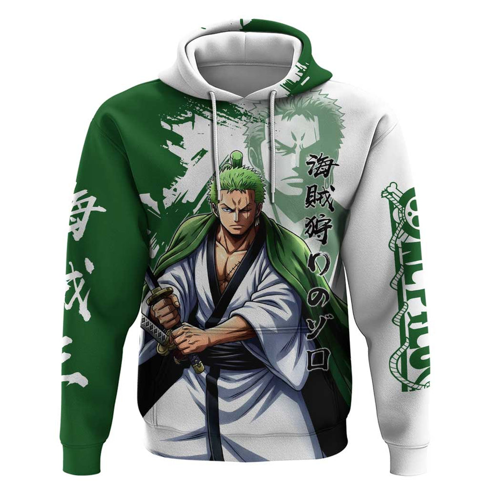 Wano Samurai Roronoa Zoro Hoodie Bold Ink Brush Anime Style Wano Samurai Roronoa Zoro Hoodie Bold Ink Brush Anime Style