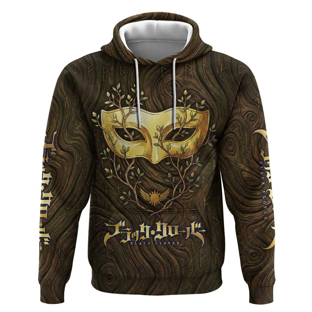 William Vangeance Black Clover Hoodie Enchanted Woodgrain Style with Duality and Golden Mask Motif William Vangeance Black Clover Hoodie Enchanted Woodgrain Style with Duality and Golden Mask Motif