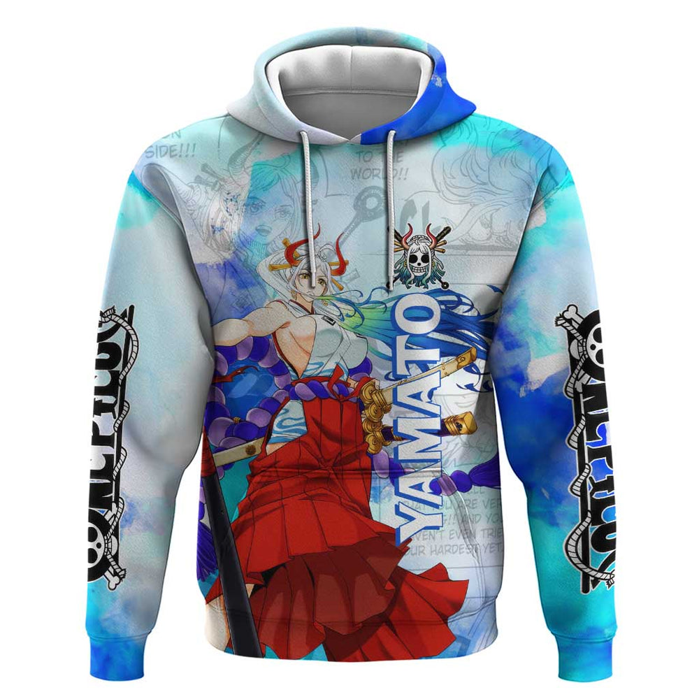 Yamato One Piece Blue Cloud Theme Hoodie with Manga Panels and Oni Horn Character Design Yamato One Piece Blue Cloud Theme Hoodie with Manga Panels and Oni Horn Character Design