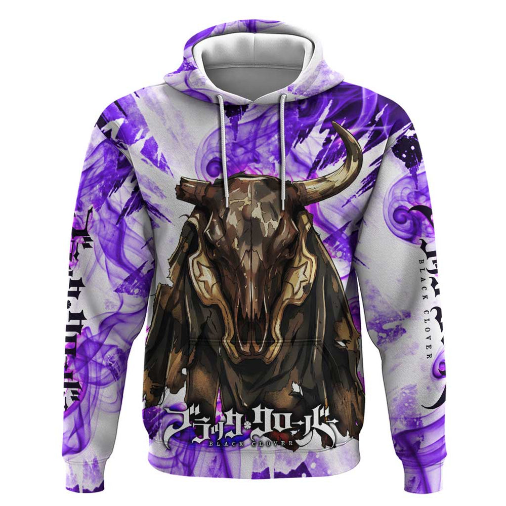 Yami Sukehiro Black Clover Hoodie Dark Magic Anime Style with Purple Smoke and Bull Emblem Yami Sukehiro Black Clover Hoodie Dark Magic Anime Style with Purple Smoke and Bull Emblem