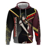 Yor Forger Spy x Family Red and Black Assassin Theme Hoodie with Elegant Weapon Pose and Bold Color