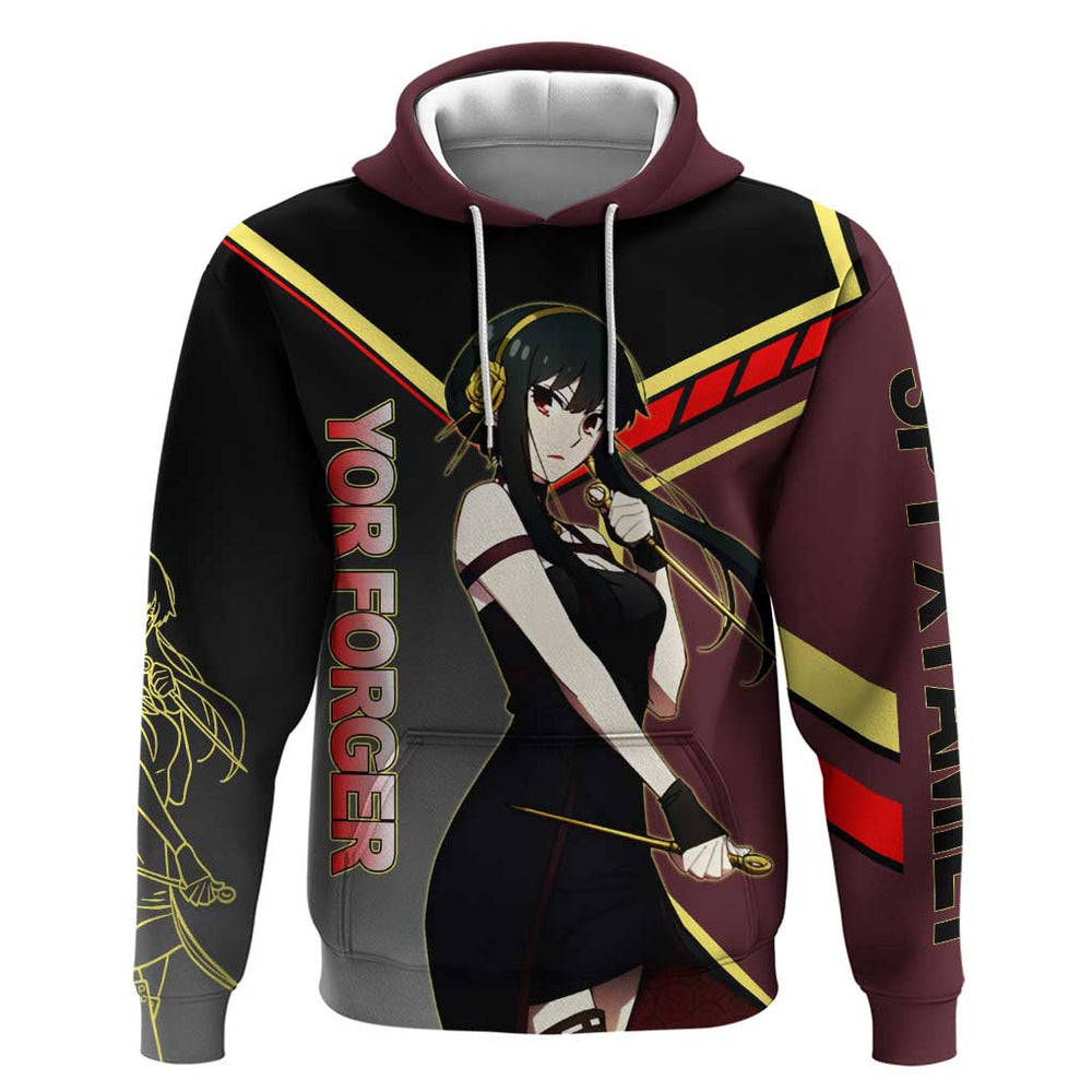 Yor Forger Spy x Family Red and Black Assassin Theme Hoodie with Elegant Weapon Pose and Bold Color Yor Forger Spy x Family Red and Black Assassin Theme Hoodie with Elegant Weapon Pose and Bold Color