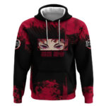 Yoriichi Tsugikuni Demon Slayer Red Grunge Design Hoodie with Intense Eyes and Sword Stance