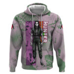 Alluka Zoldyck Theme Purple and Green Paint Splatter Design Hoodie with Nen Ability Artwork and Char