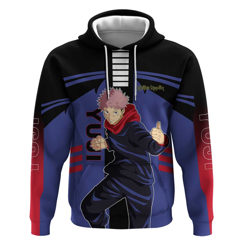 Yuji Itadori from Jujutsu Kaisen Hoodie with Cursed Energy and Dynamic Fighting Pose Design Yuji Itadori from Jujutsu Kaisen Hoodie with Cursed Energy and Dynamic Fighting Pose Design