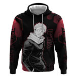 Yuji Itadori Jujutsu Kaisen Red Hexagon Design Hoodie with Sukuna Transformation and Manga Style Art