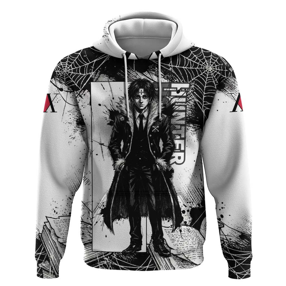 Chrollo Lucilfer Gothic Style Hoodie with Spider Webs Grimoire Illustration and Monochrome Design Chrollo Lucilfer Gothic Style Hoodie with Spider Webs Grimoire Illustration and Monochrome Design