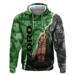 Zoro One Piece Green Theme Hoodie with Manga Collage and Dual Portrait Swordmaster Design