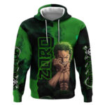 Zoro One Piece Green Theme Hoodie with Swordsman Pose and Three Sword Style Design