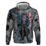 Chrollo Theme Gray Ink Splash Design Hoodie with Cross Weapon and Monochrome Aura Artwork