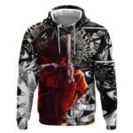 Alucard Hellsing Manga Collage Black and Red Design Hoodie with Gun Pose and Symbolic Silhouettes