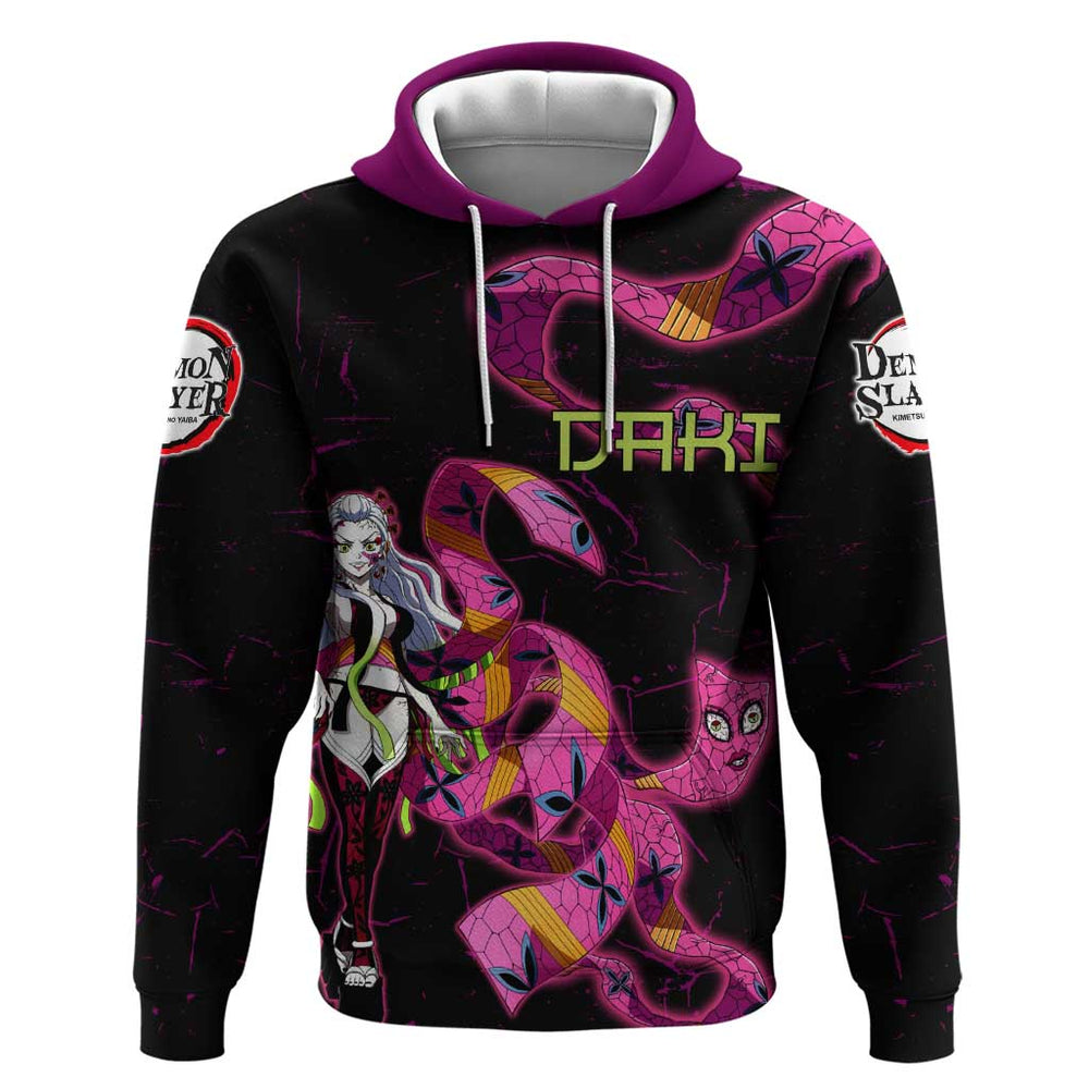 Daki Demon Slayer Theme Hoodie with Obi Sash Design and Neon Pink Green Graphic Elements Daki Demon Slayer Theme Hoodie with Obi Sash Design and Neon Pink Green Graphic Elements