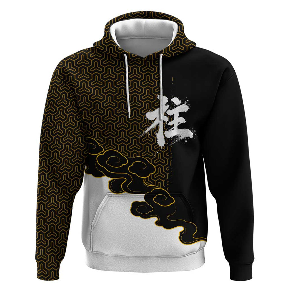 Demon Slayer Hashira Group Design Hoodie with Gold Cloud Pattern and Stylized Kanji Motif Demon Slayer Hashira Group Design Hoodie with Gold Cloud Pattern and Stylized Kanji Motif